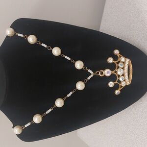 Simulated Pearl Crown Rhinestone Gold Toned Fashion Necklace